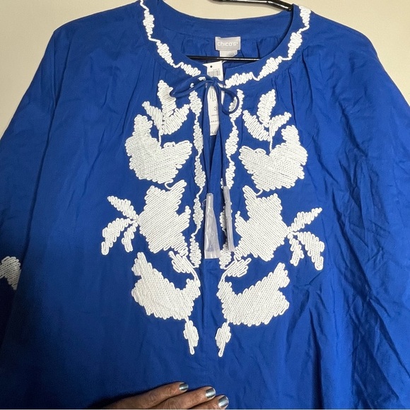 NWT Chico’s Embroidered Belladonna Blue Peasant Top 3/4 Sleeves Size 3 (XL/16) - Picture 3 of 15